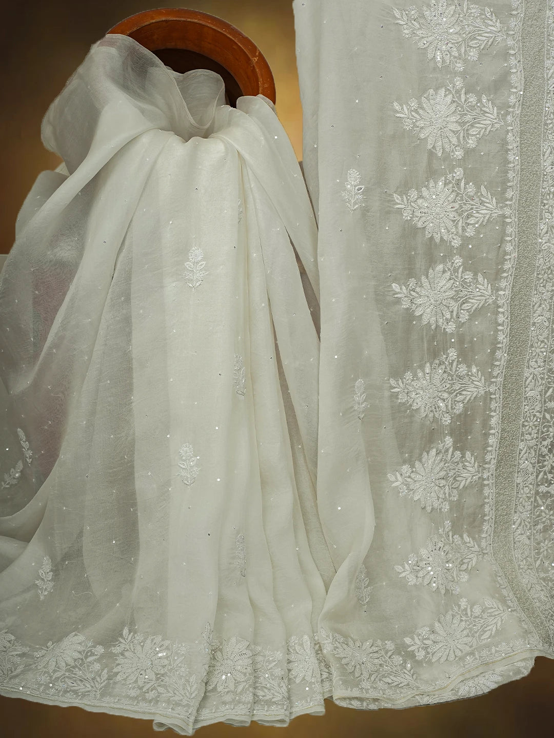 Ada Hand Embroidered White Organza Lucknowi Chikankari Saree and Blouse With Cutdana Work 01A607147