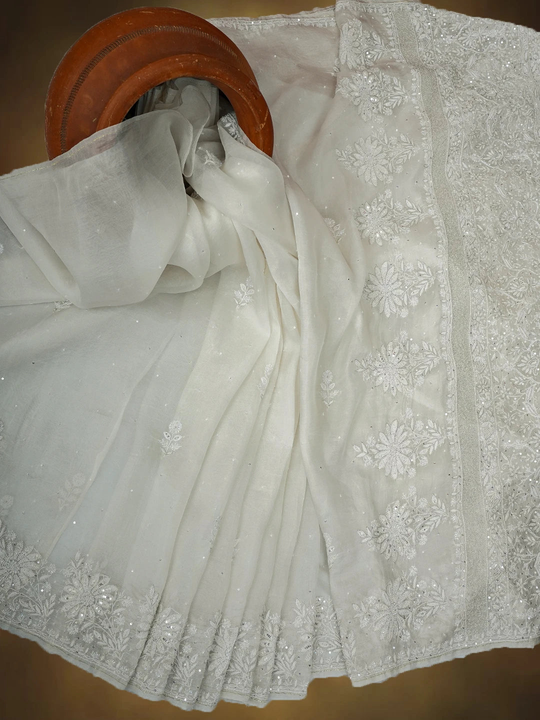 Ada Hand Embroidered White Organza Lucknowi Chikankari Saree and Blouse With Cutdana Work 01A607147