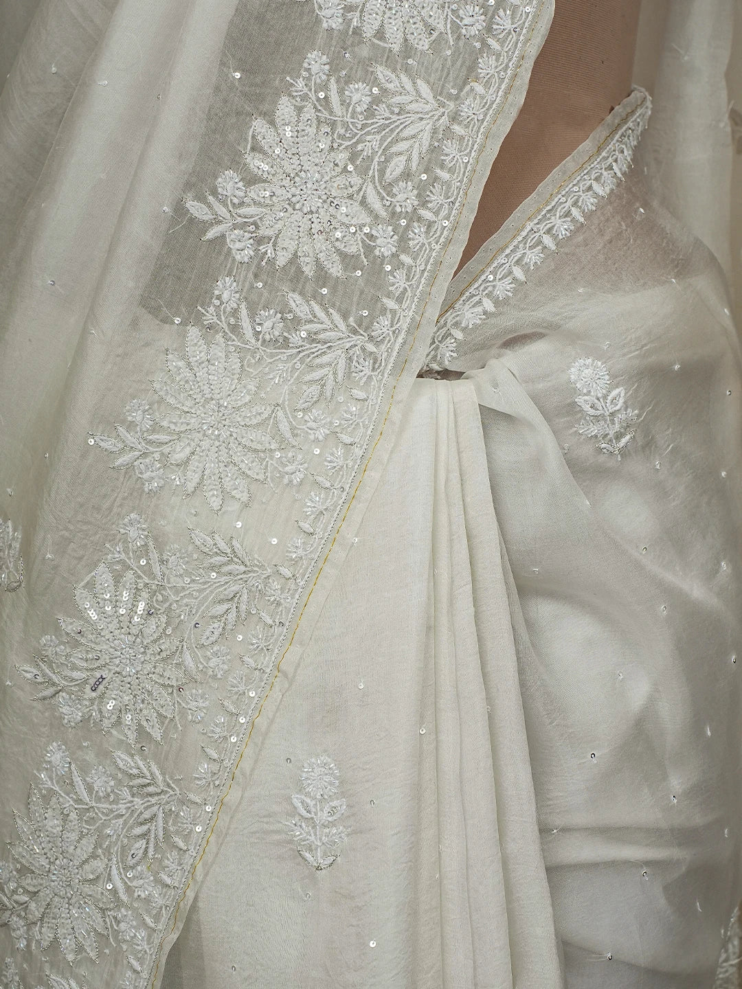 Ada Hand Embroidered White Organza Lucknowi Chikankari Saree and Blouse With Cutdana Work 01A607147