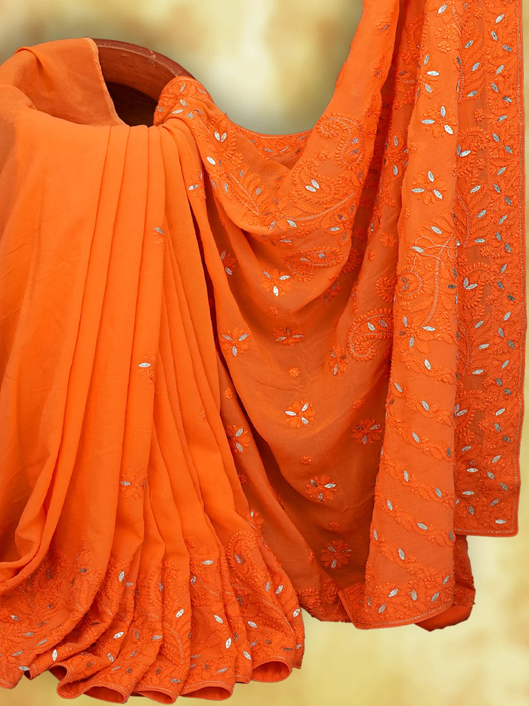 Ada Hand Embroidered Persimmon Orange Viscose Georgette Lucknowi Chikankari Saree/Blouse With Gota Patti Work 01A745915