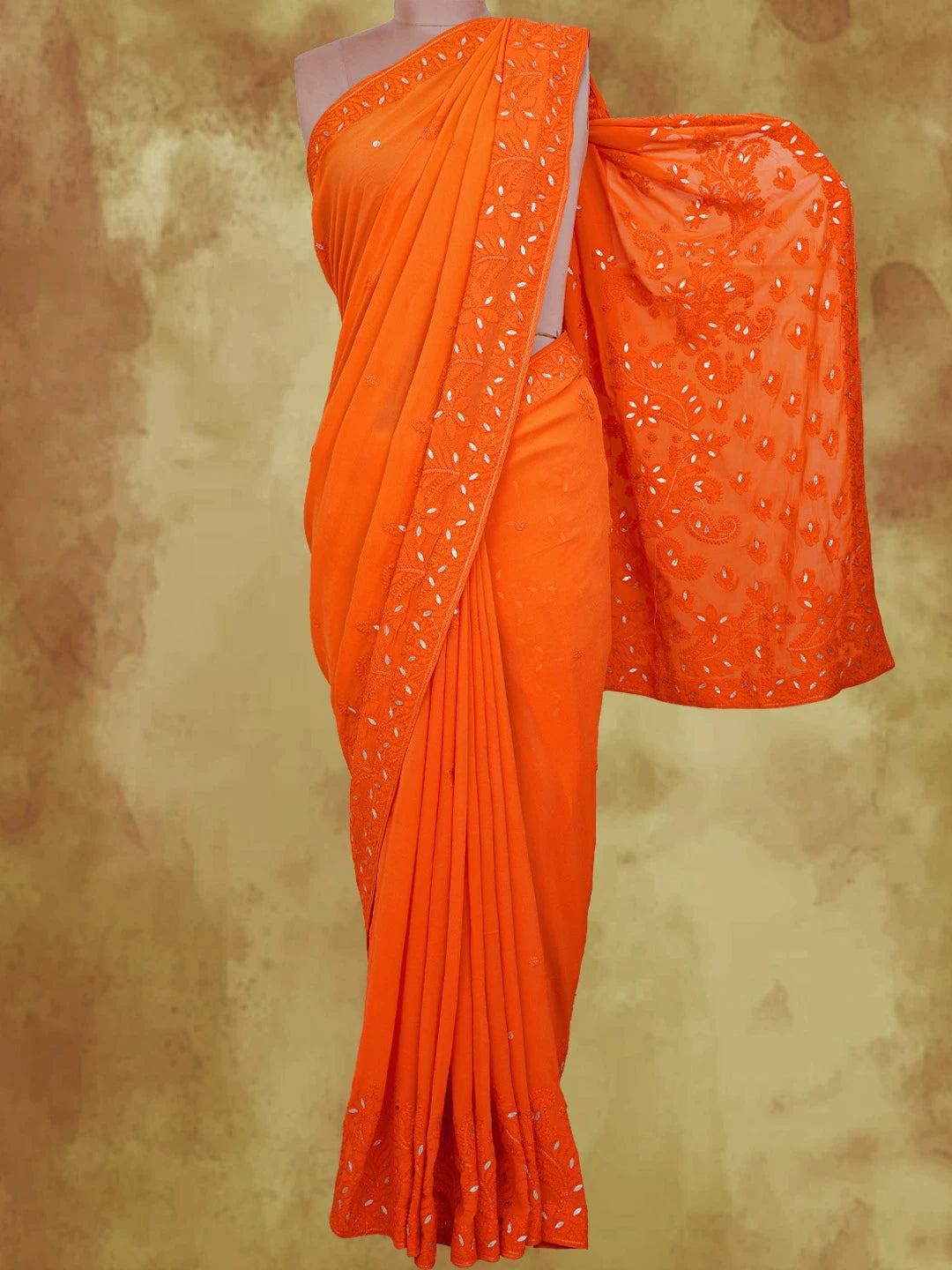 Ada Hand Embroidered Persimmon Orange Viscose Georgette Lucknowi Chikankari Saree/Blouse With Gota Patti Work 01A745915
