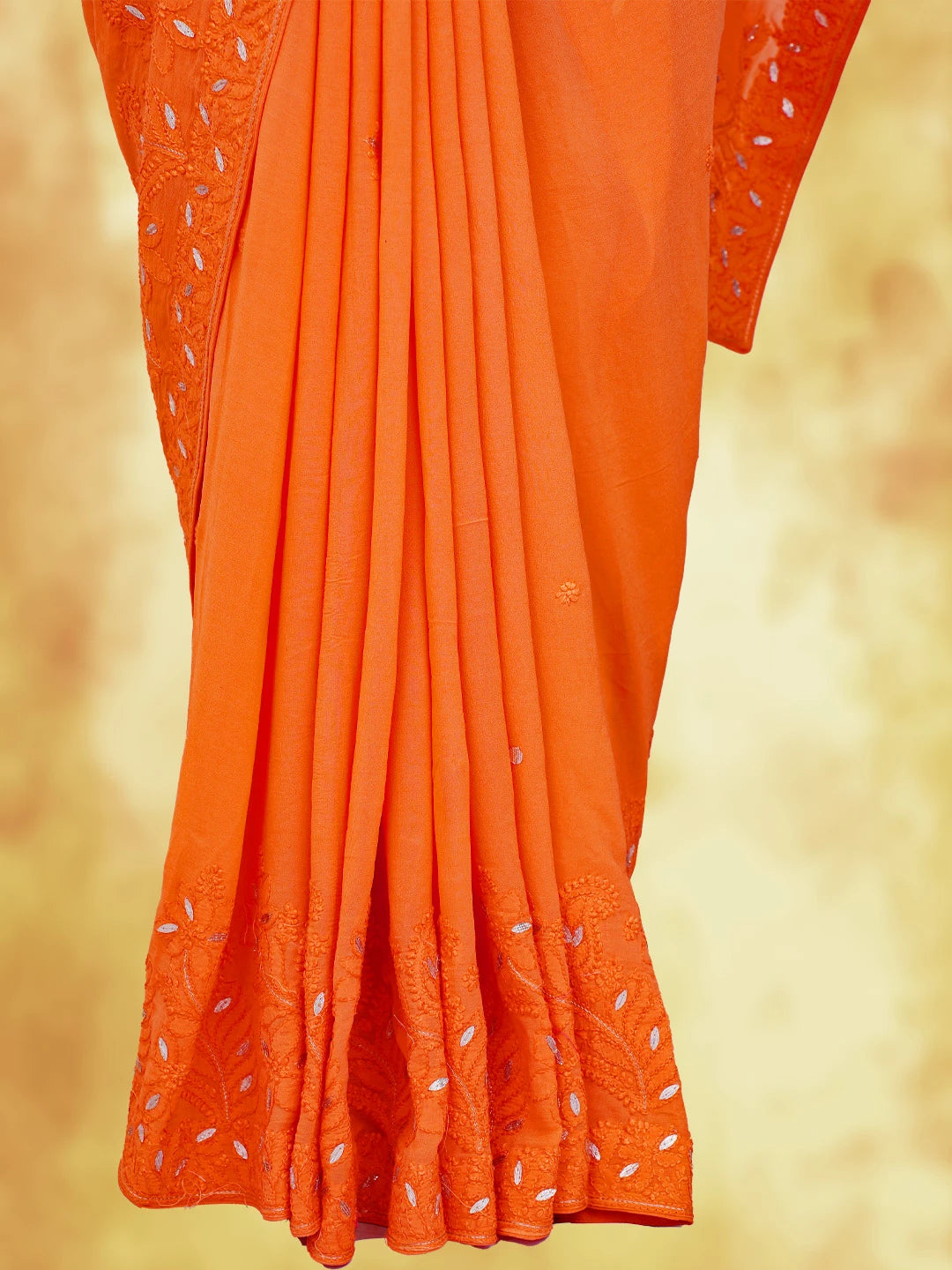Ada Hand Embroidered Persimmon Orange Viscose Georgette Lucknowi Chikankari Saree/Blouse With Gota Patti Work 01A745915
