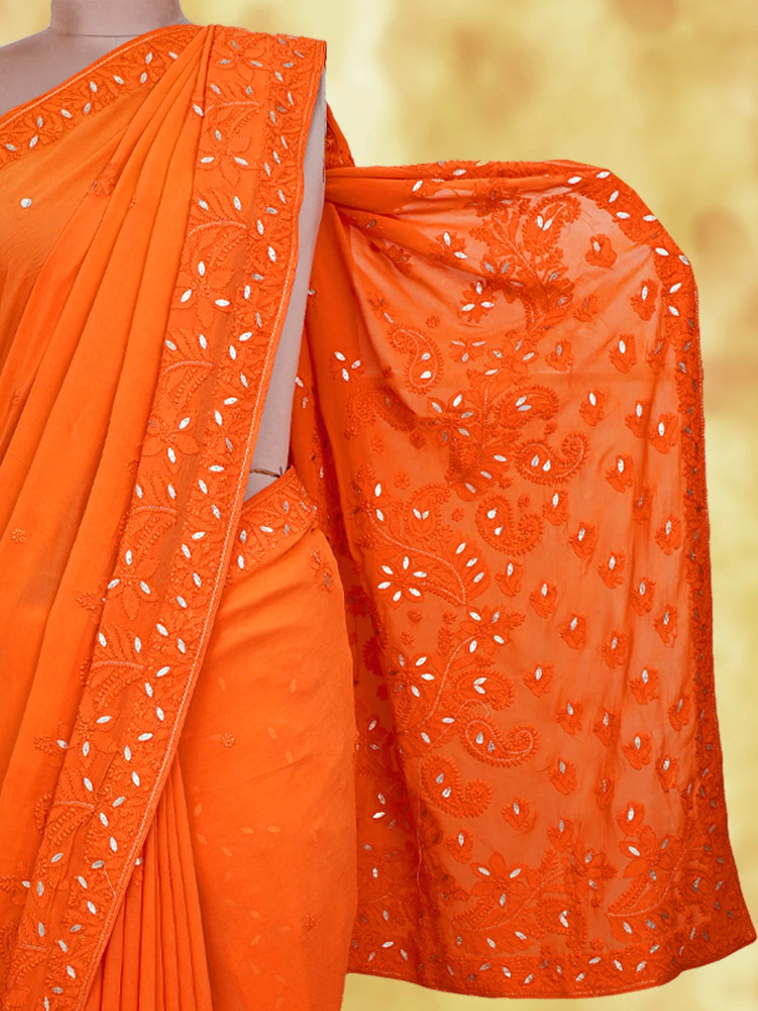 Ada Hand Embroidered Persimmon Orange Viscose Georgette Lucknowi Chikankari Saree/Blouse With Gota Patti Work 01A745915