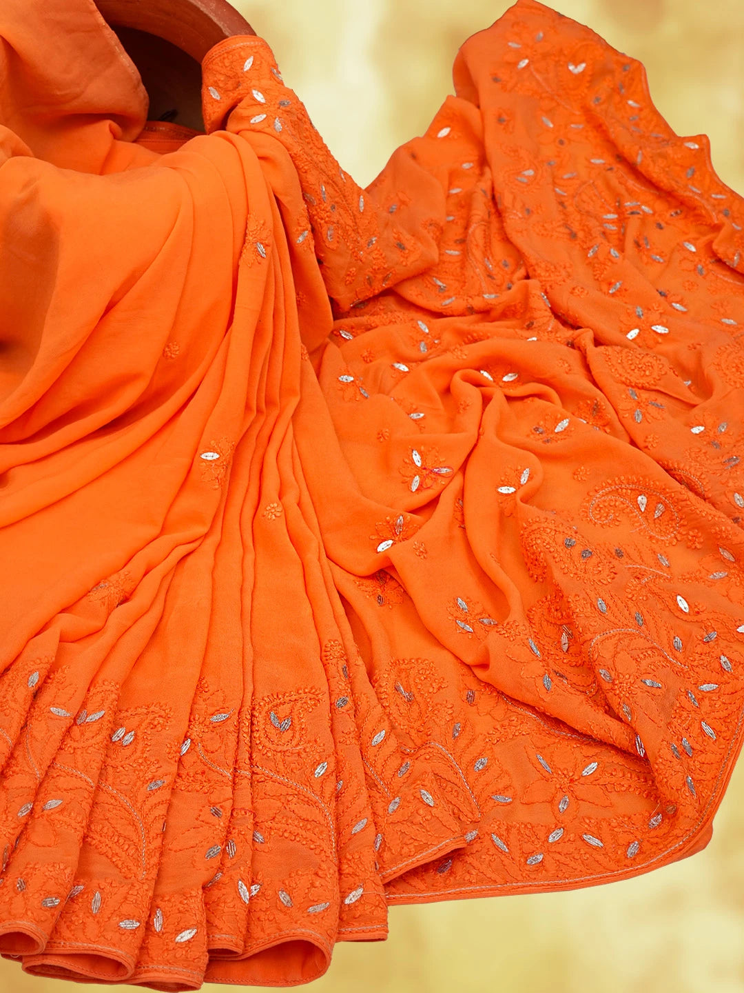 Ada Hand Embroidered Persimmon Orange Viscose Georgette Lucknowi Chikankari Saree/Blouse With Gota Patti Work 01A745915