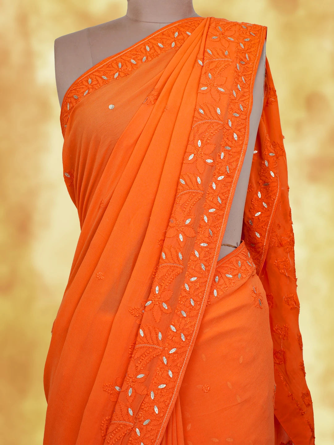 Ada Hand Embroidered Persimmon Orange Viscose Georgette Lucknowi Chikankari Saree/Blouse With Gota Patti Work 01A745915