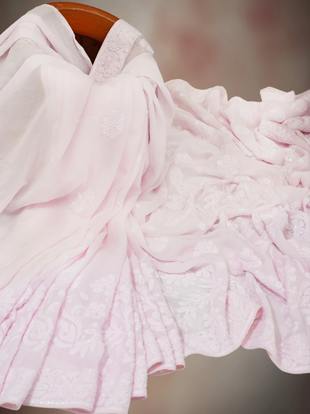 Ada Hand Embroidered Pink Viscose Georgette Lucknowi Chikankari Saree and Blouse With Pearl Work 01A745924