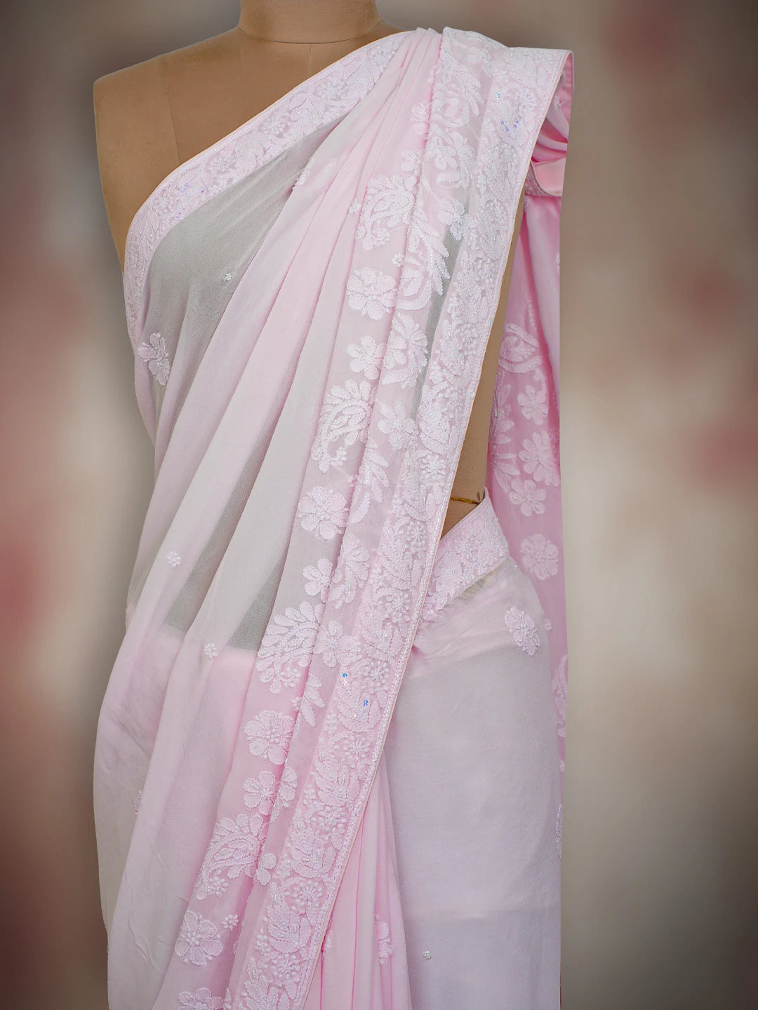 Ada Hand Embroidered Pink Viscose Georgette Lucknowi Chikankari Saree and Blouse With Pearl Work 01A745924
