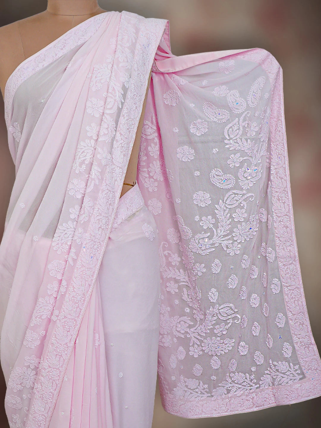 Ada Hand Embroidered Pink Viscose Georgette Lucknowi Chikankari Saree and Blouse With Pearl Work 01A745924