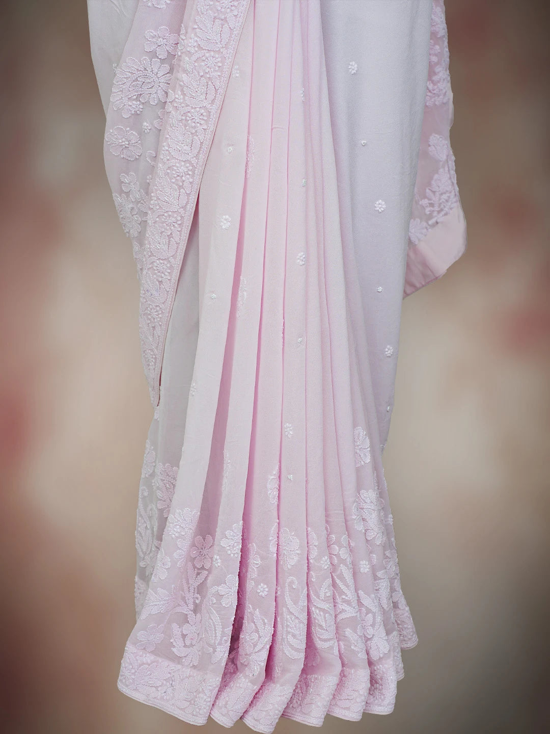 Ada Hand Embroidered Pink Viscose Georgette Lucknowi Chikankari Saree and Blouse With Pearl Work 01A745924