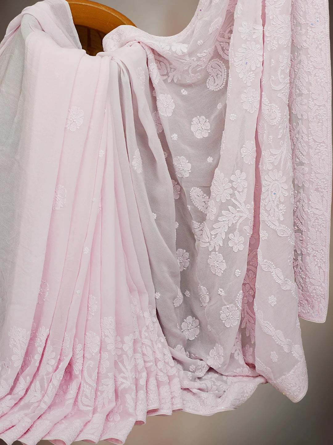 Ada Hand Embroidered Pink Viscose Georgette Lucknowi Chikankari Saree and Blouse With Pearl Work 01A745924