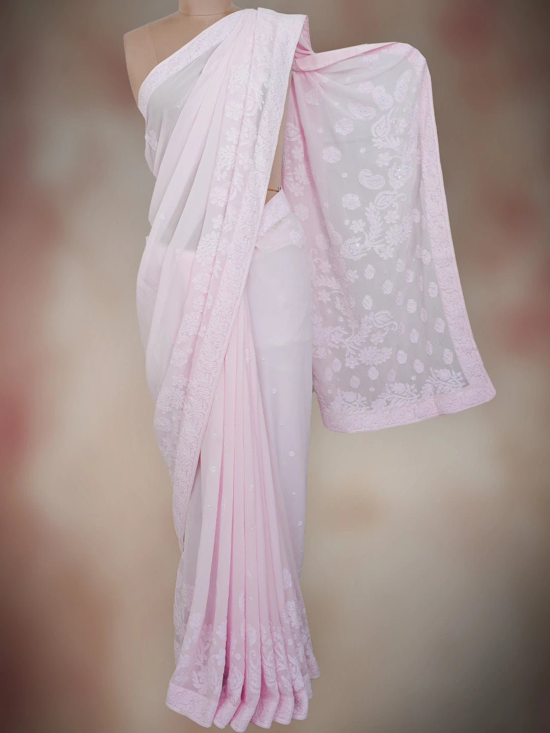 Ada Hand Embroidered Pink Viscose Georgette Lucknowi Chikankari Saree and Blouse With Pearl Work 01A745924
