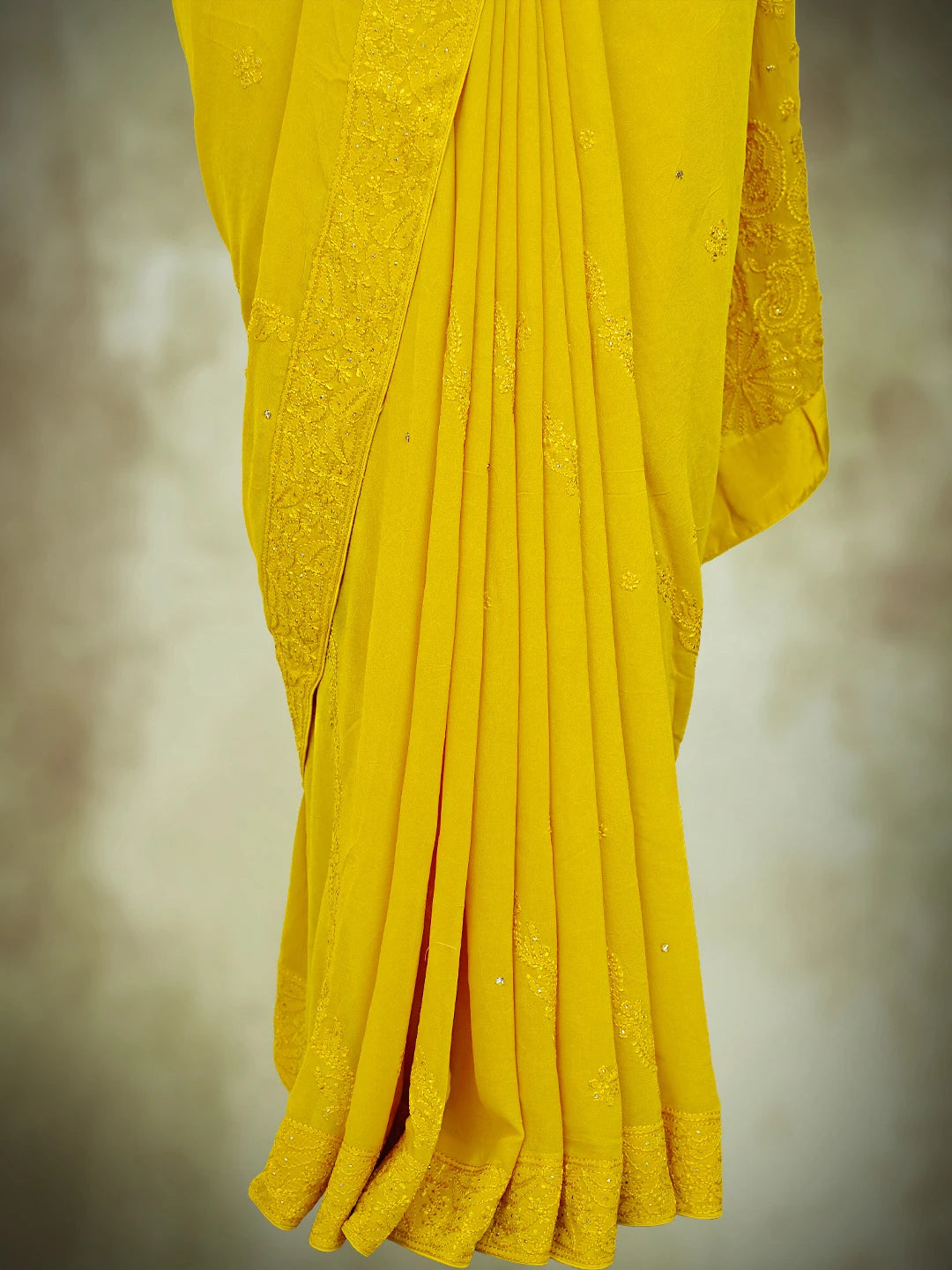 Ada Hand Embroidered Yellow Viscose Georgette Lucknowi Chikankari Saree and Blouse With Mukaish Work 01A745983
