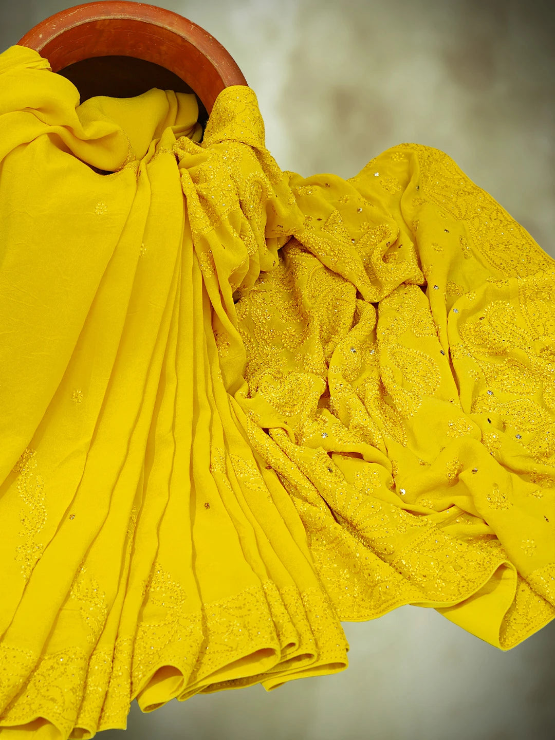 Ada Hand Embroidered Yellow Viscose Georgette Lucknowi Chikankari Saree and Blouse With Mukaish Work 01A745983