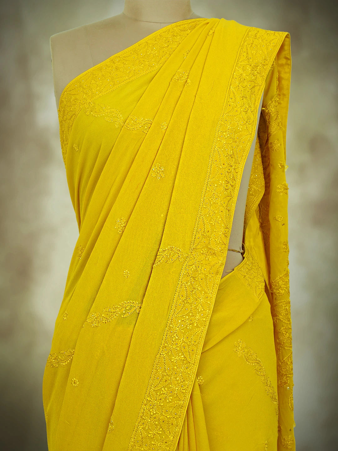 Ada Hand Embroidered Yellow Viscose Georgette Lucknowi Chikankari Saree and Blouse With Mukaish Work 01A745983