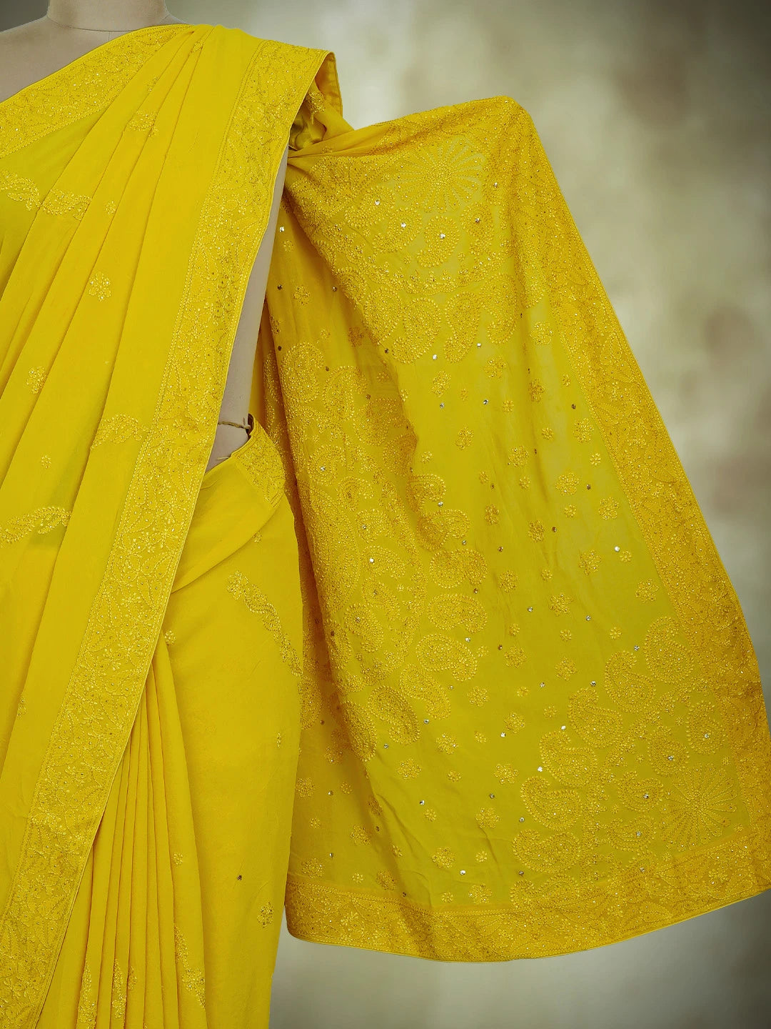 Ada Hand Embroidered Yellow Viscose Georgette Lucknowi Chikankari Saree and Blouse With Mukaish Work 01A745983