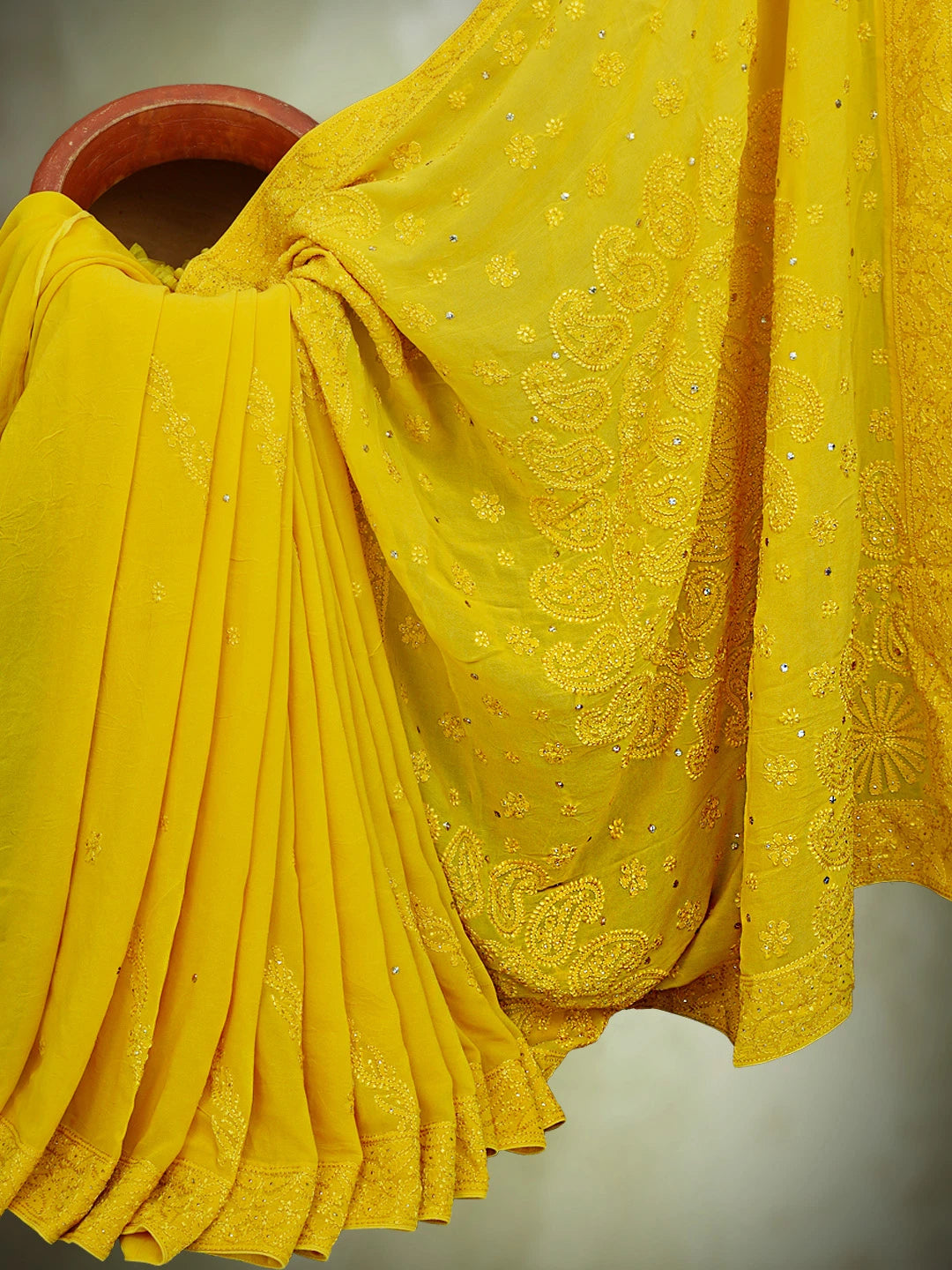 Ada Hand Embroidered Yellow Viscose Georgette Lucknowi Chikankari Saree and Blouse With Mukaish Work 01A745983