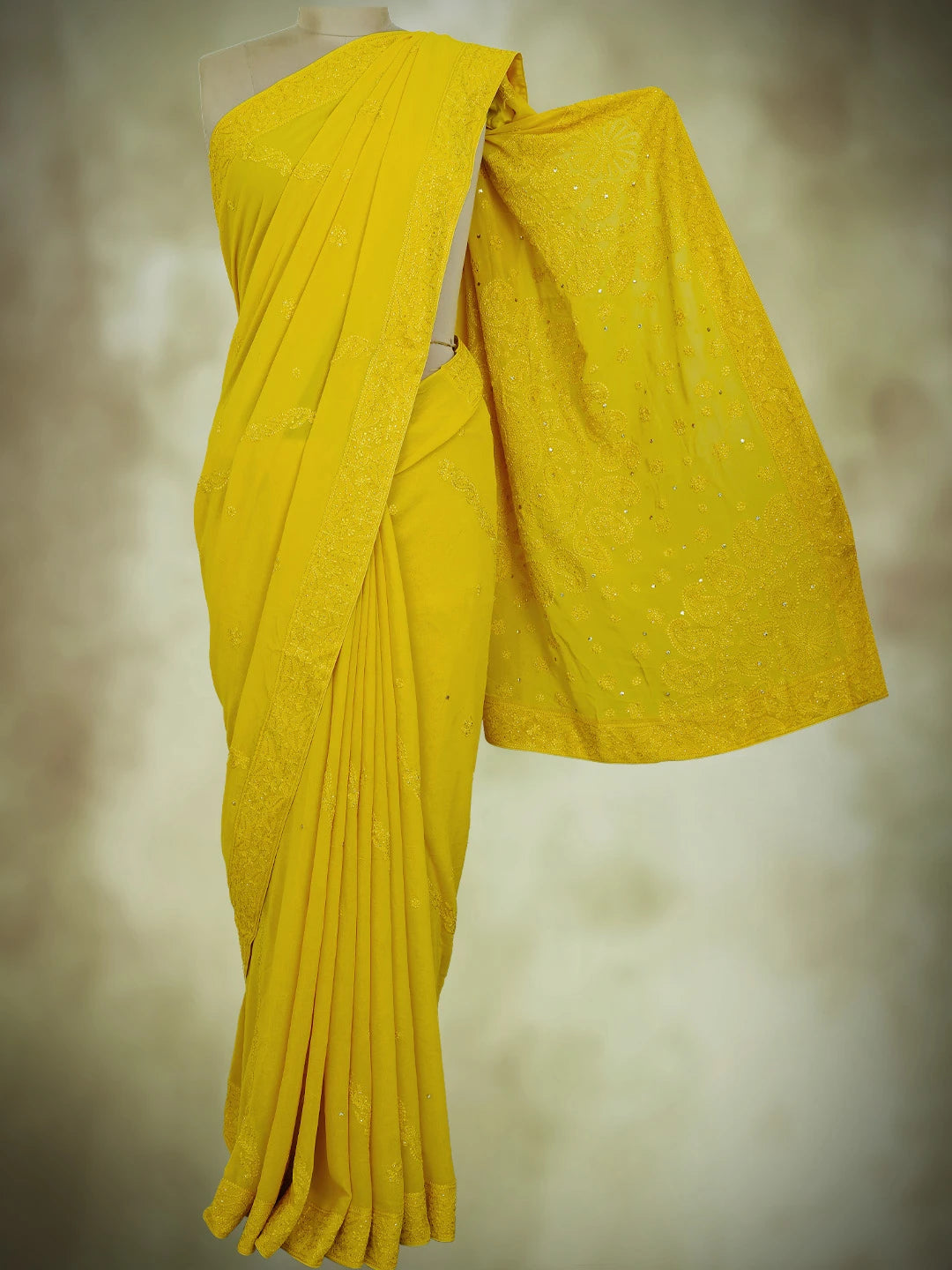 Ada Hand Embroidered Yellow Viscose Georgette Lucknowi Chikankari Saree and Blouse With Mukaish Work 01A745983