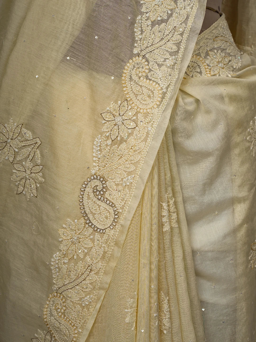 Ada Hand Embroidered Cream Chanderi Lucknowi Chikankari Saree and Blouse With Cutdana Work 01A720728