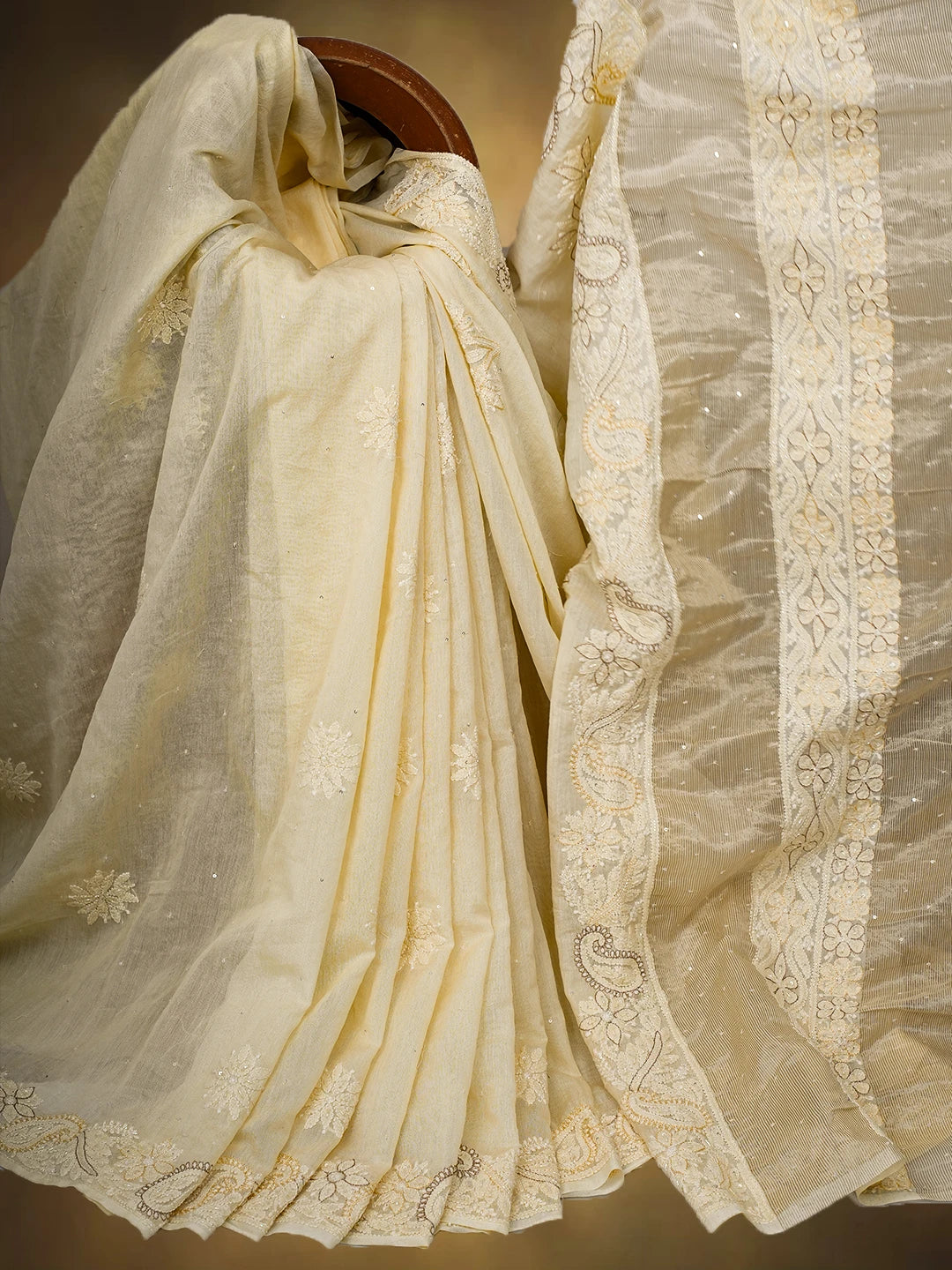 Ada Hand Embroidered Cream Chanderi Lucknowi Chikankari Saree and Blouse With Cutdana Work 01A720728