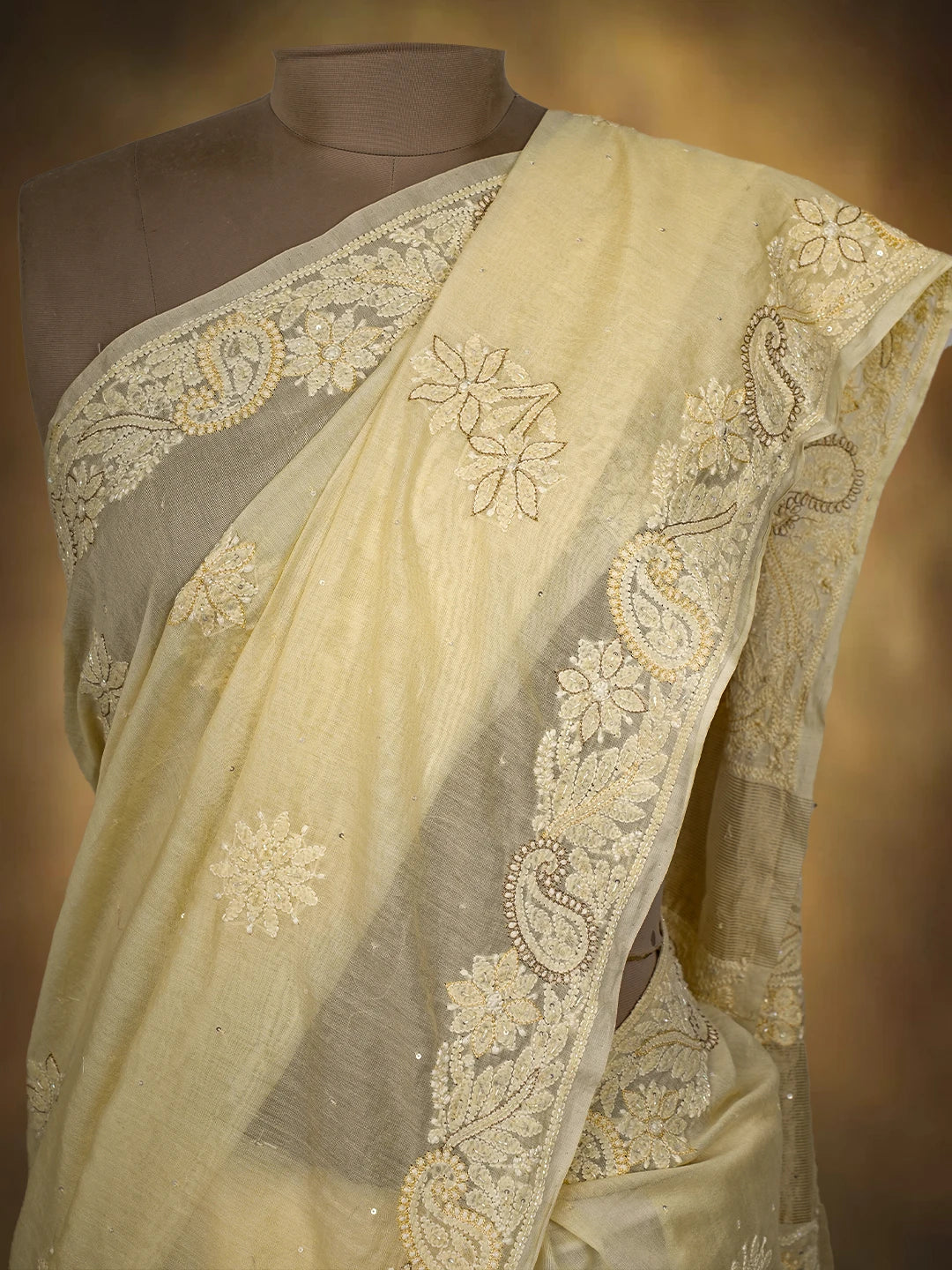 Ada Hand Embroidered Cream Chanderi Lucknowi Chikankari Saree and Blouse With Cutdana Work 01A720728