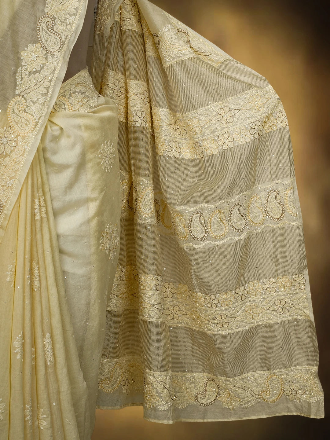 Ada Hand Embroidered Cream Chanderi Lucknowi Chikankari Saree and Blouse With Cutdana Work 01A720728