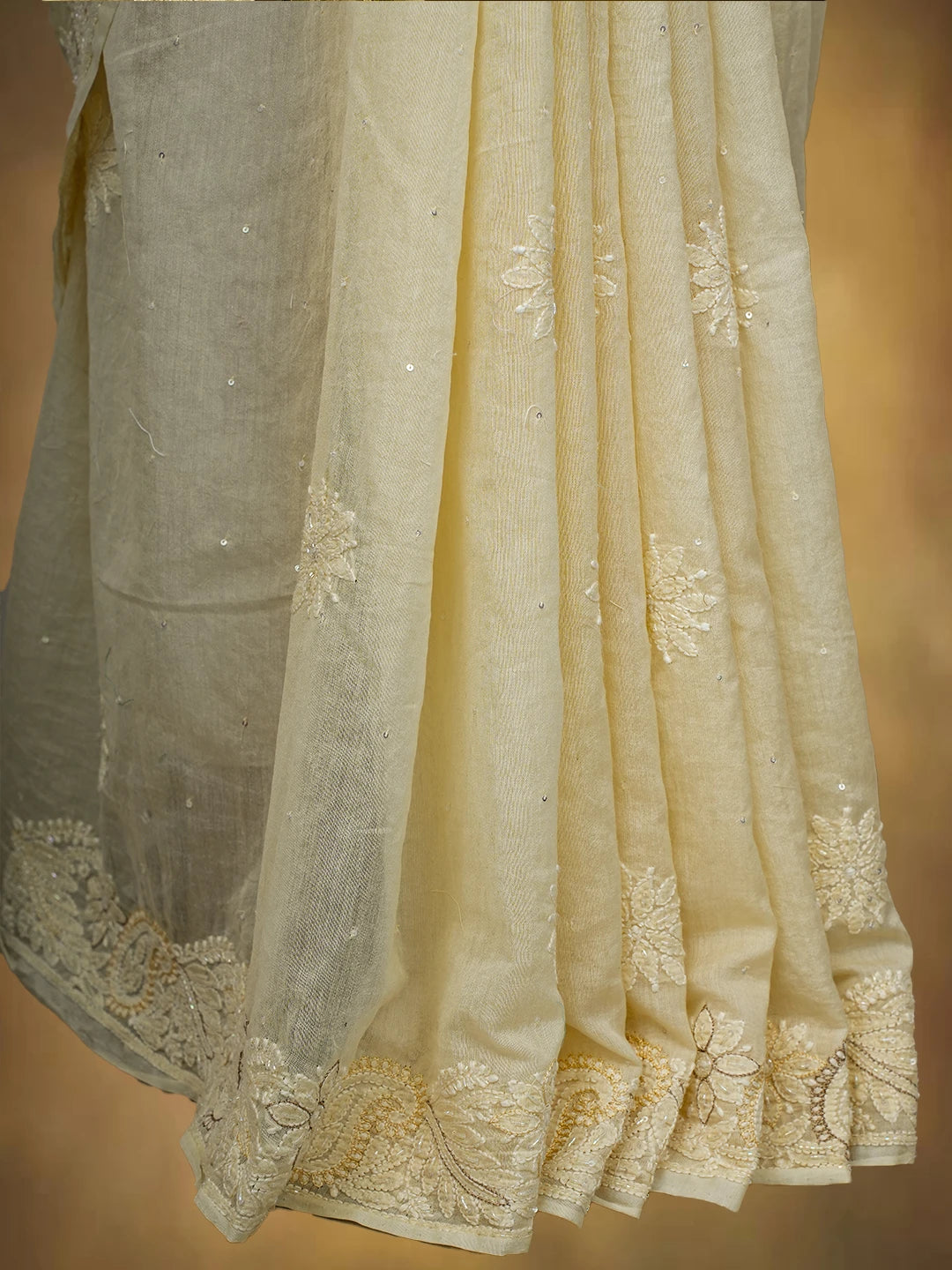 Ada Hand Embroidered Cream Chanderi Lucknowi Chikankari Saree and Blouse With Cutdana Work 01A720728