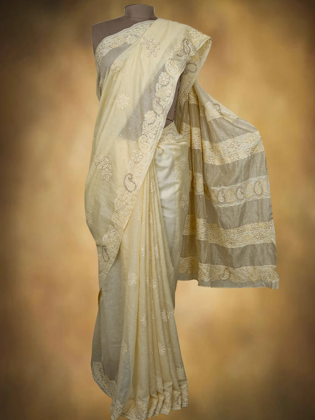 Ada Hand Embroidered Cream Chanderi Lucknowi Chikankari Saree and Blouse With Cutdana Work 01A720728