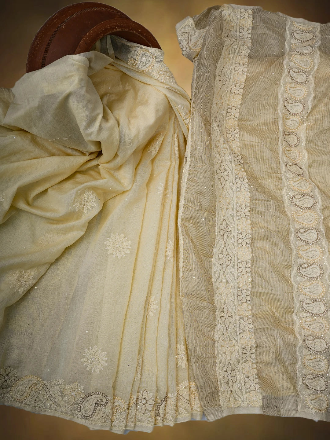Ada Hand Embroidered Cream Chanderi Lucknowi Chikankari Saree and Blouse With Cutdana Work 01A720728