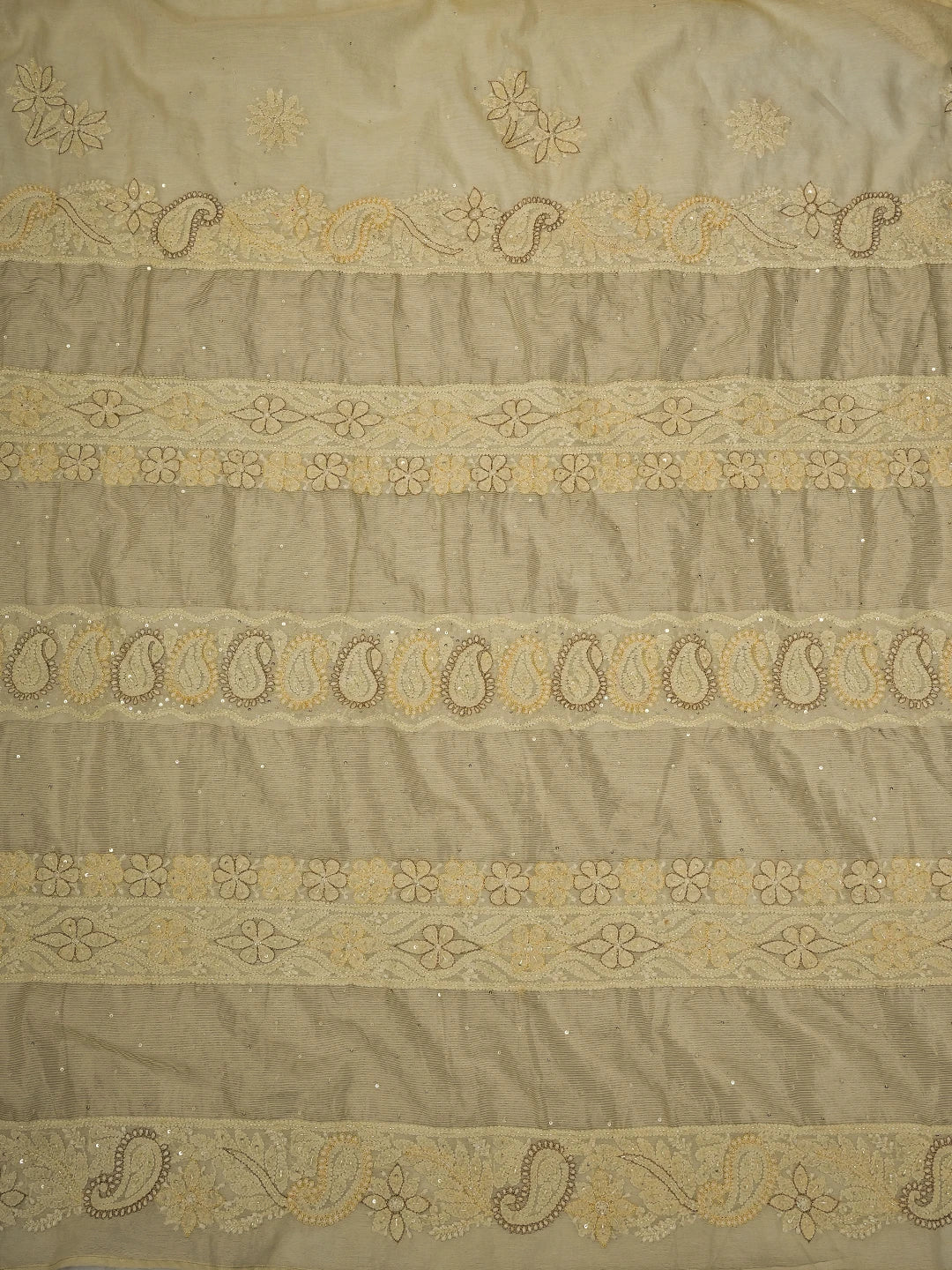 Ada Hand Embroidered Cream Chanderi Lucknowi Chikankari Saree and Blouse With Cutdana Work 01A720728