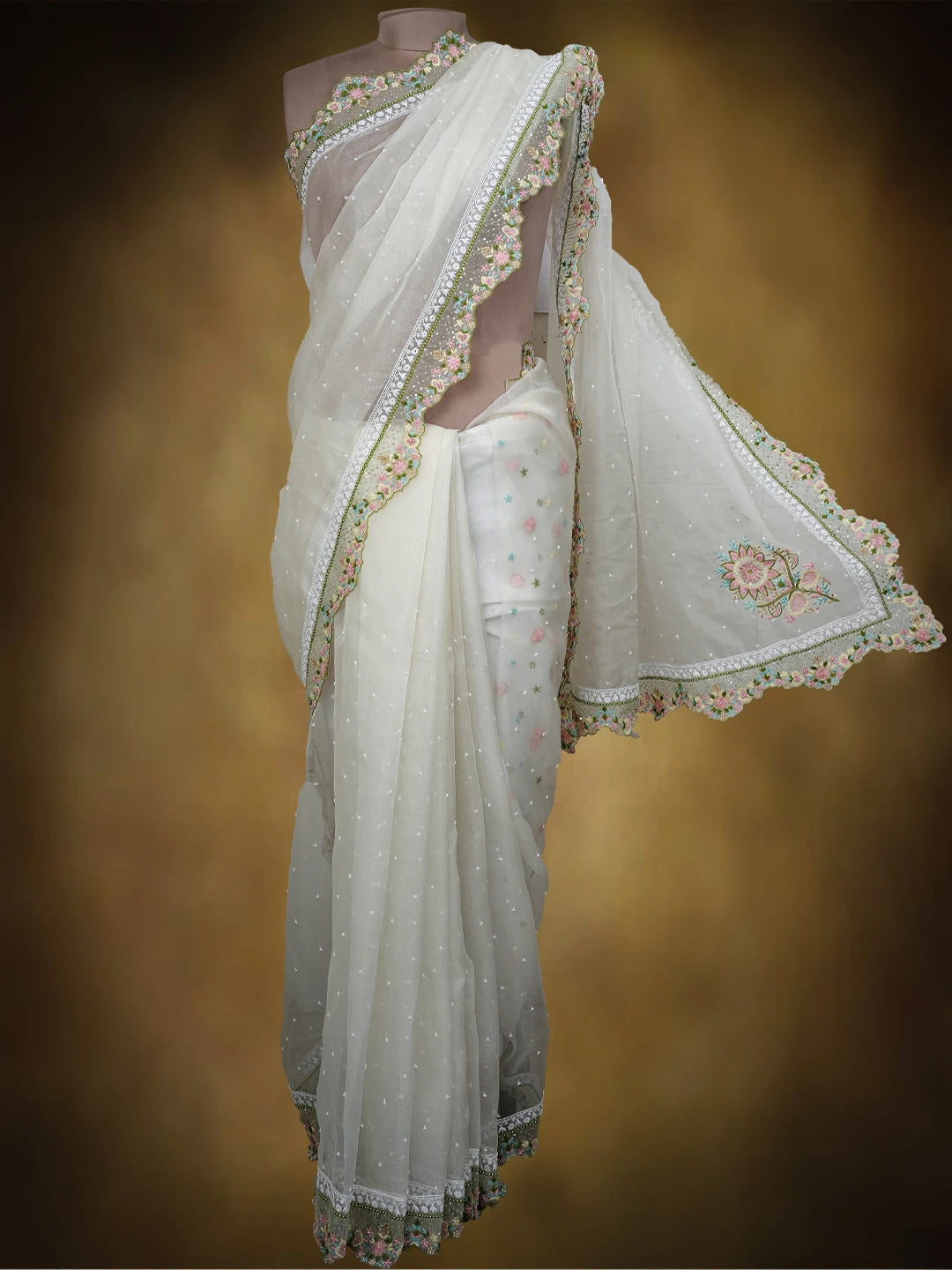 Ada Hand Embroidered White Organza Lucknowi Chikankari Saree and Blouse With Pearl Work 01A713803