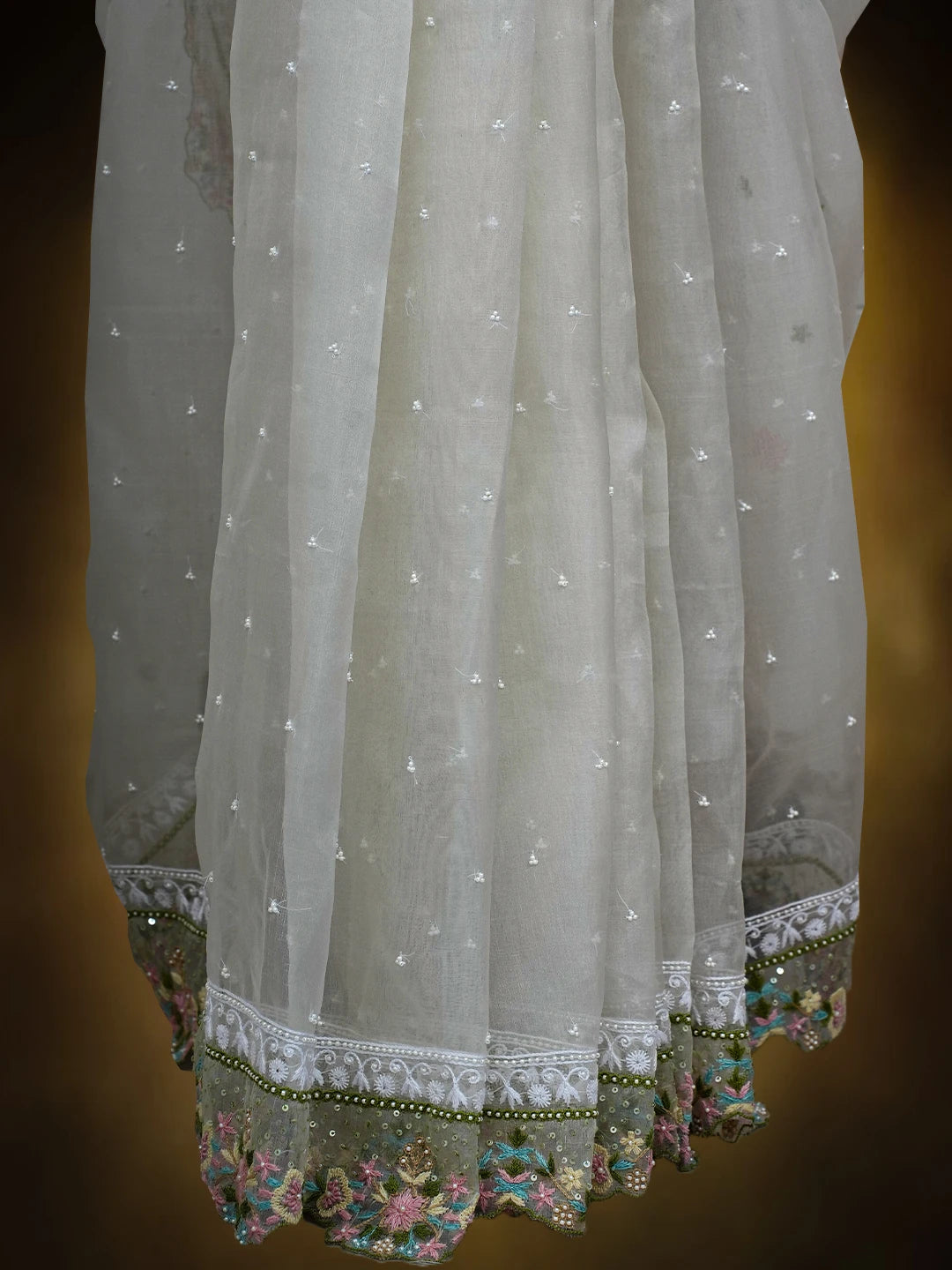 Ada Hand Embroidered White Organza Lucknowi Chikankari Saree and Blouse With Pearl Work 01A713803