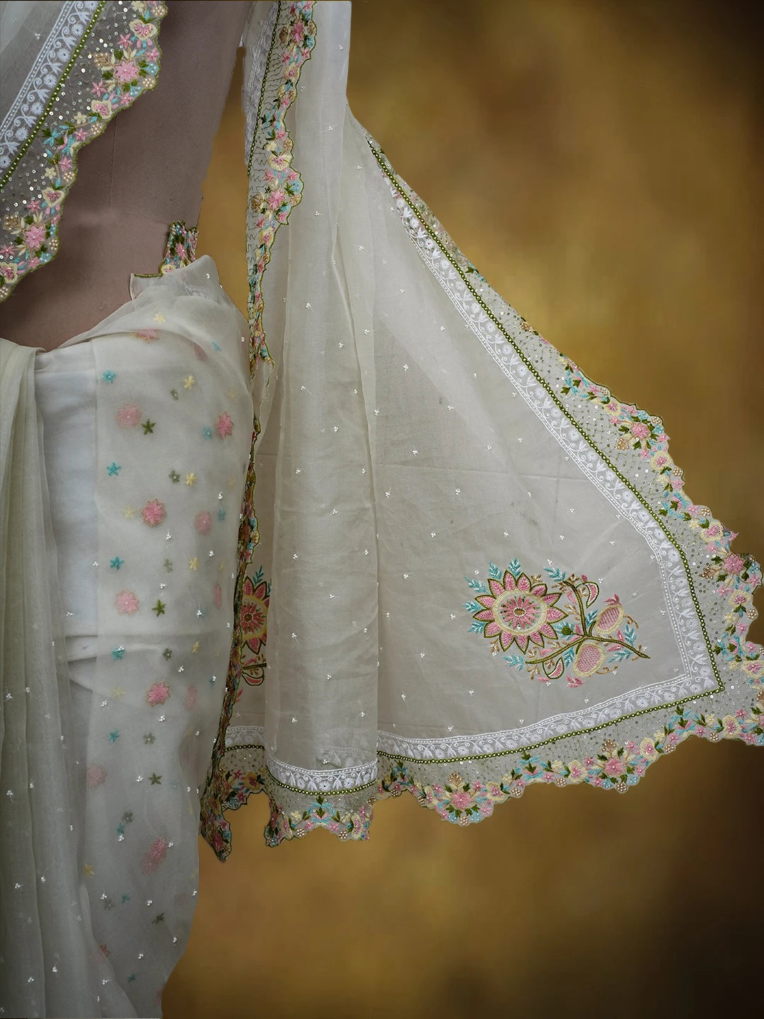 Ada Hand Embroidered White Organza Lucknowi Chikankari Saree and Blouse With Pearl Work 01A713803