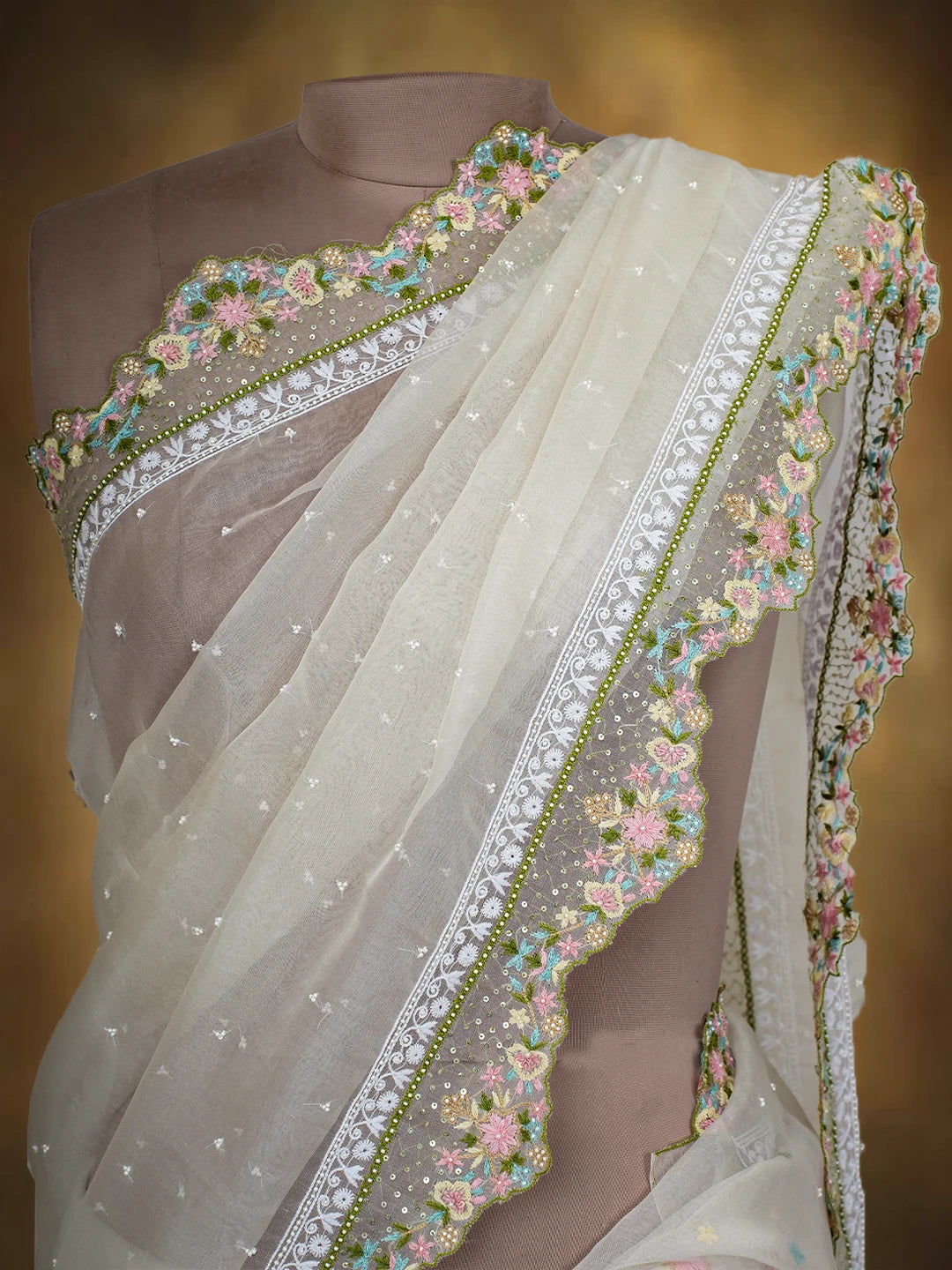 Ada Hand Embroidered White Organza Lucknowi Chikankari Saree and Blouse With Pearl Work 01A713803