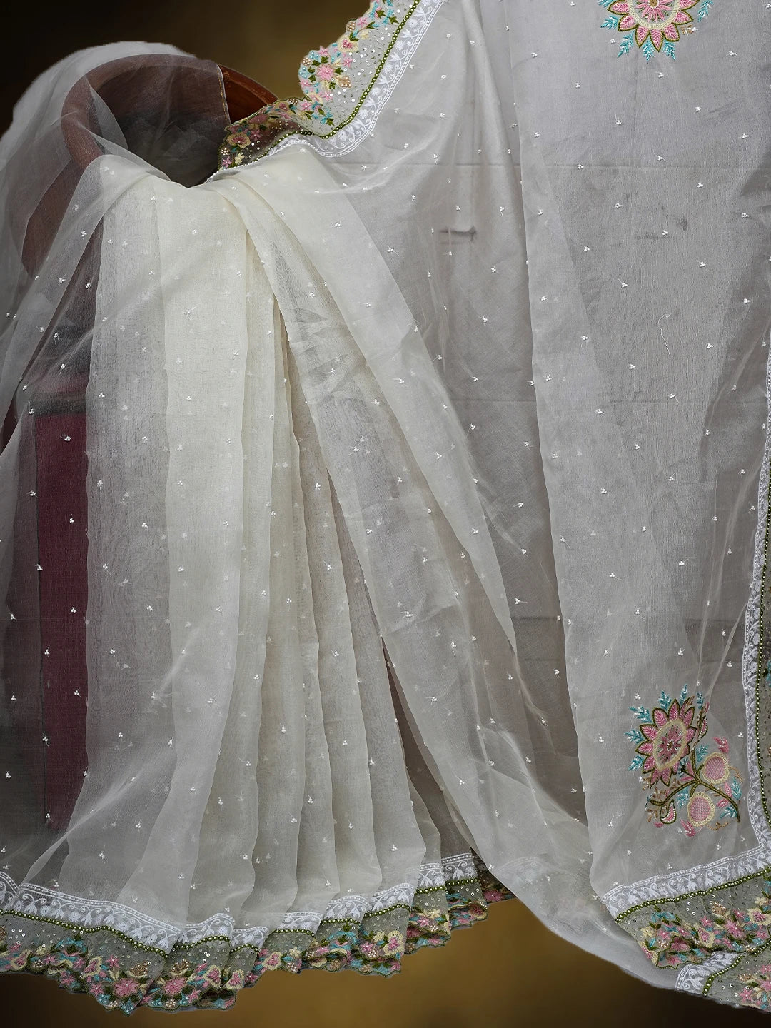 Ada Hand Embroidered White Organza Lucknowi Chikankari Saree and Blouse With Pearl Work 01A713803