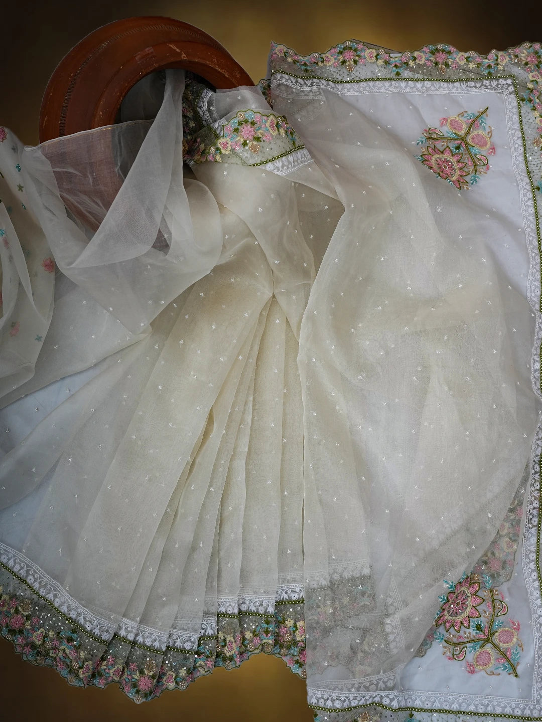 Ada Hand Embroidered White Organza Lucknowi Chikankari Saree and Blouse With Pearl Work 01A713803