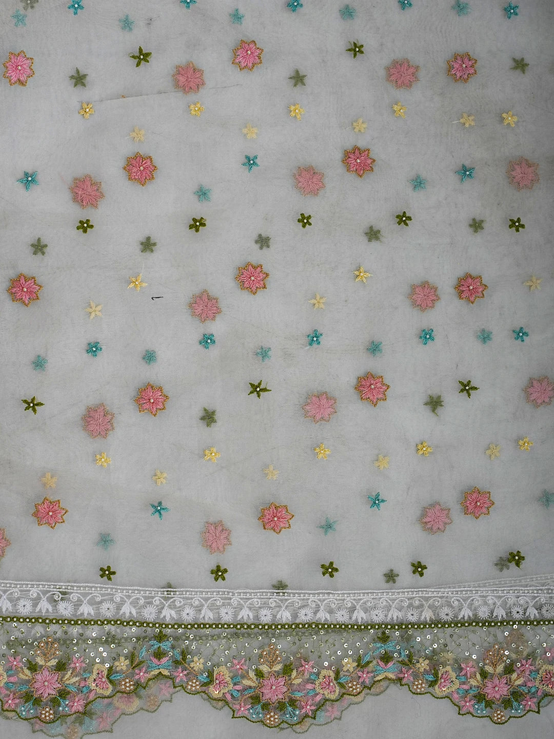 Ada Hand Embroidered White Organza Lucknowi Chikankari Saree and Blouse With Pearl Work 01A713803