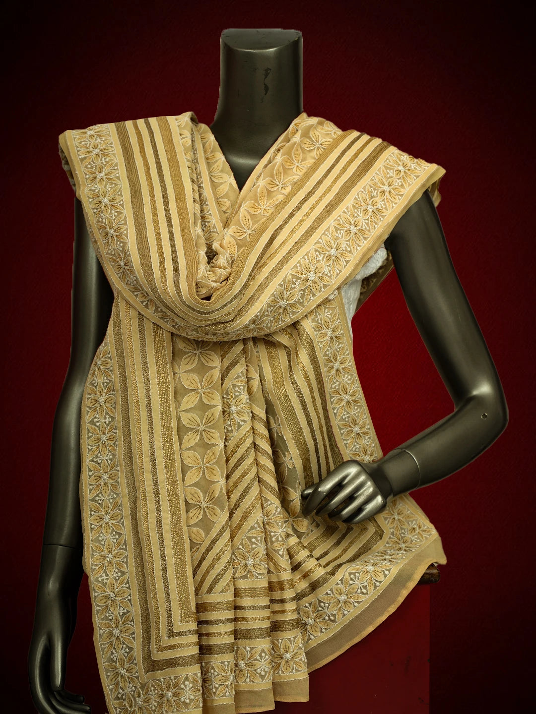 Ada Hand Embroidered Earth Yellow Pure Georgette Lucknowi Chikankari Dupatta With Zari Work A30649