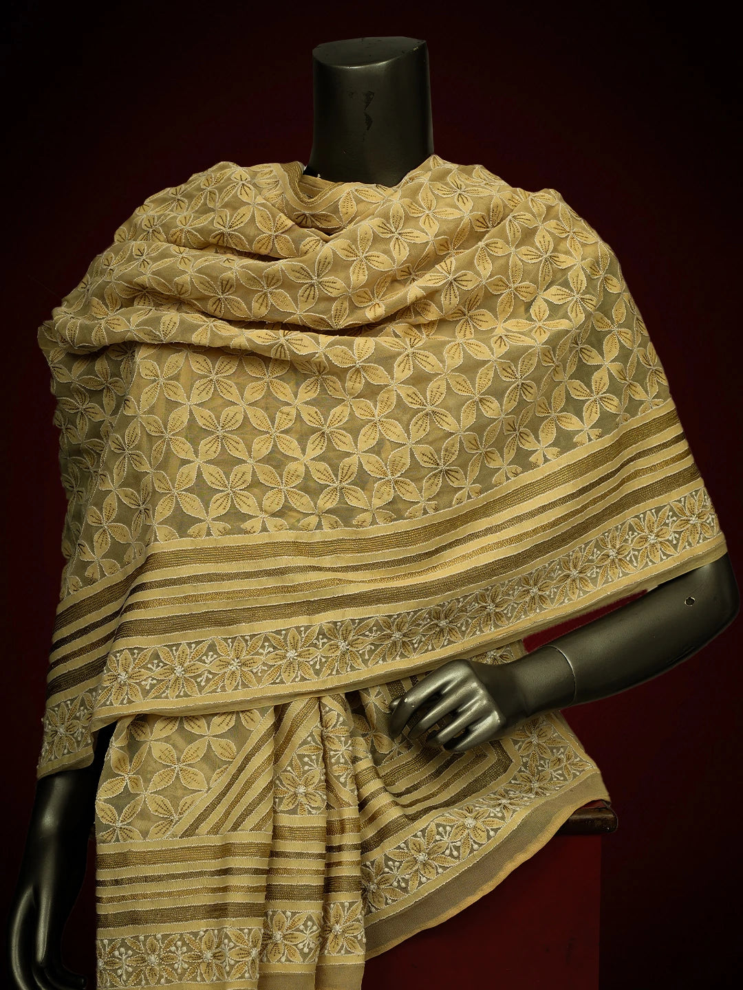 Ada Hand Embroidered Earth Yellow Pure Georgette Lucknowi Chikankari Dupatta With Zari Work A30649