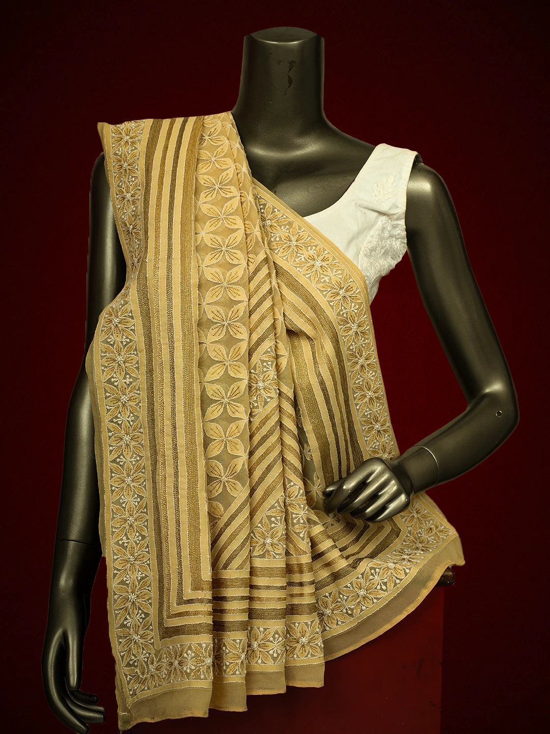 Ada Hand Embroidered Earth Yellow Pure Georgette Lucknowi Chikankari Dupatta With Zari Work A30649
