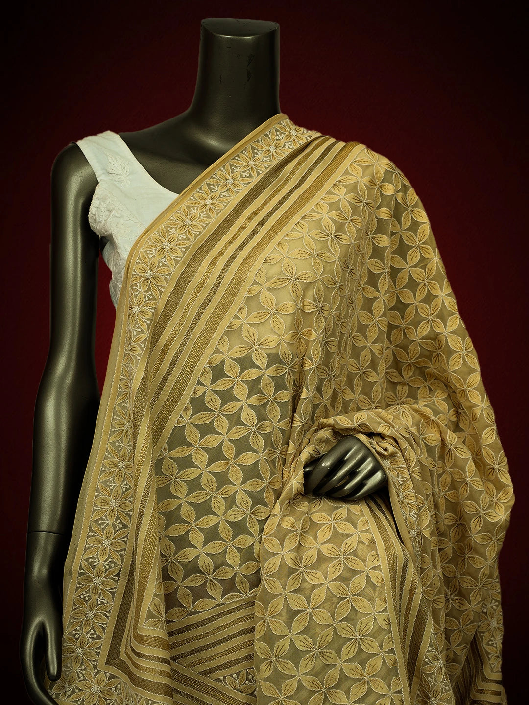 Ada Hand Embroidered Earth Yellow Pure Georgette Lucknowi Chikankari Dupatta With Zari Work A30649