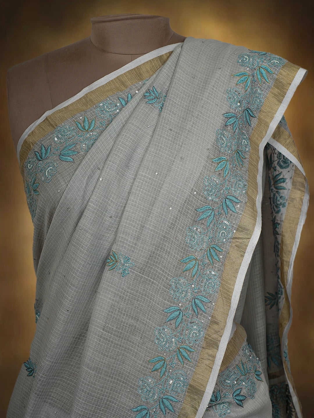 Ada Hand Embroidered Grey Kota Lucknowi Chikankari Saree and Blouse With Sequins Work 01A670193