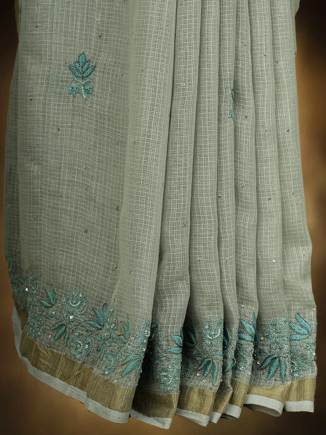 Ada Hand Embroidered Grey Kota Lucknowi Chikankari Saree and Blouse With Sequins Work 01A670193
