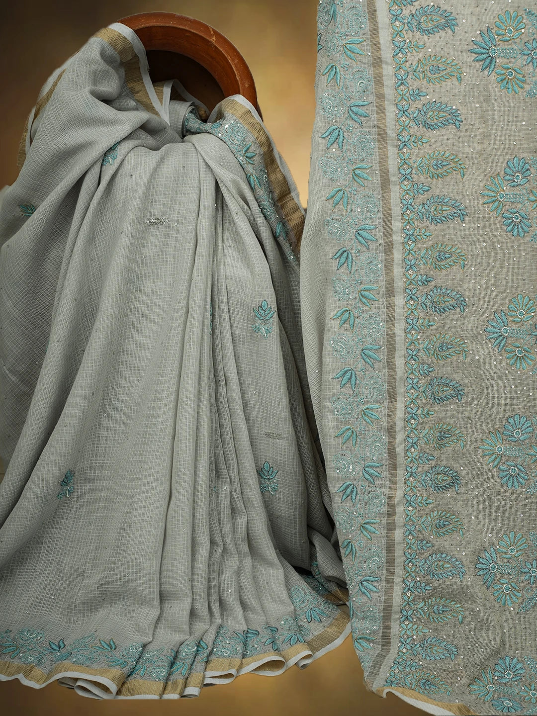 Ada Hand Embroidered Grey Kota Lucknowi Chikankari Saree and Blouse With Sequins Work 01A670193