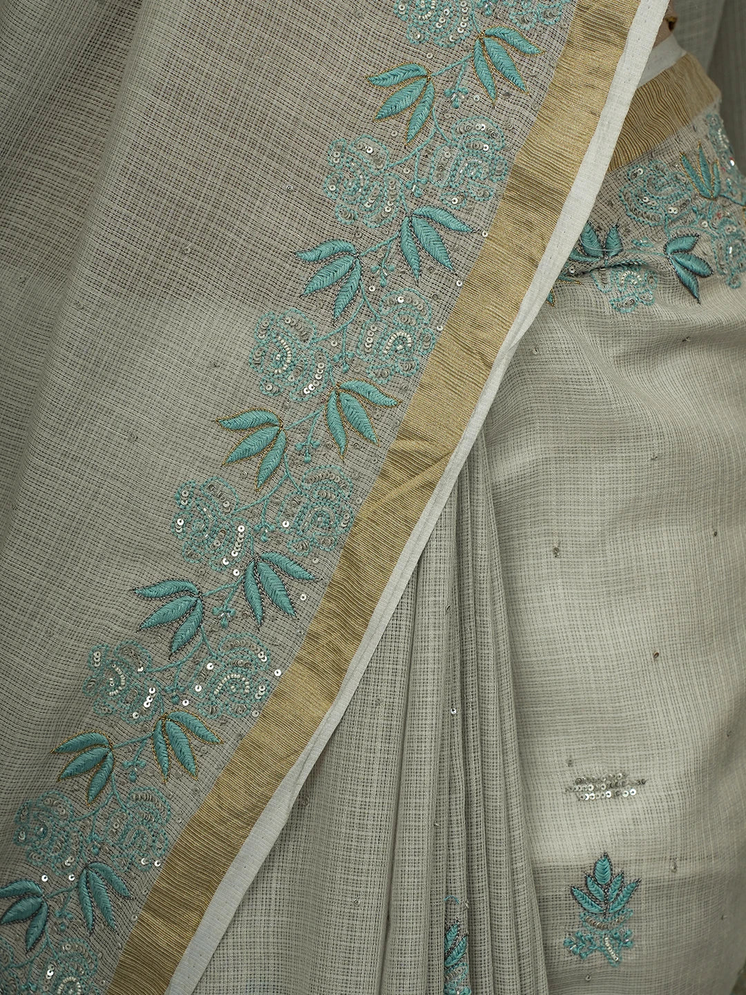 Ada Hand Embroidered Grey Kota Lucknowi Chikankari Saree and Blouse With Sequins Work 01A670193