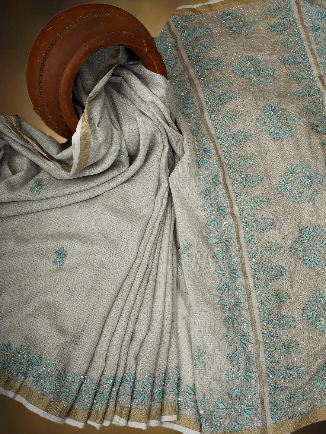 Ada Hand Embroidered Grey Kota Lucknowi Chikankari Saree and Blouse With Sequins Work 01A670193