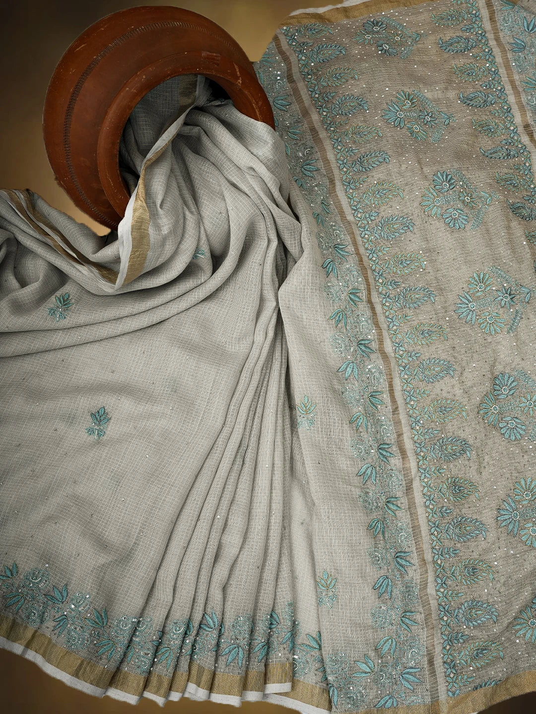 Ada Hand Embroidered Grey Kota Lucknowi Chikankari Saree and Blouse With Sequins Work 01A670193