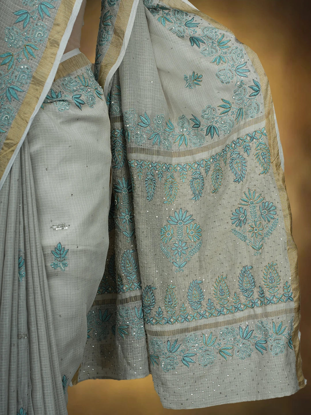 Ada Hand Embroidered Grey Kota Lucknowi Chikankari Saree and Blouse With Sequins Work 01A670193