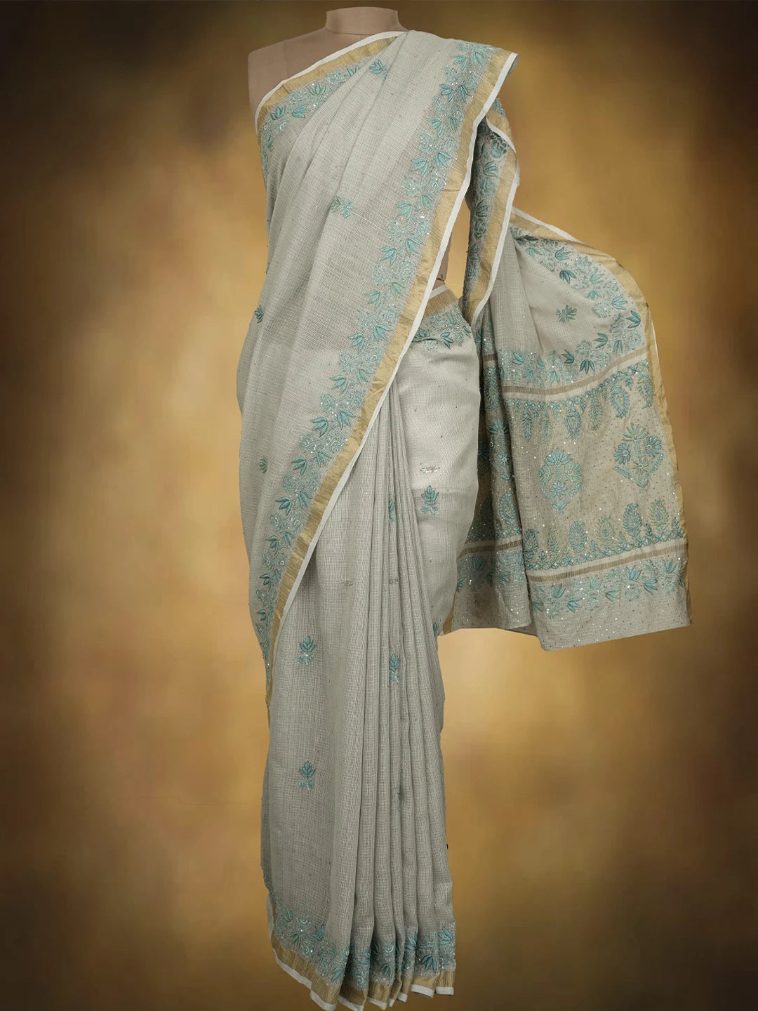 Ada Hand Embroidered Grey Kota Lucknowi Chikankari Saree and Blouse With Sequins Work 01A670193