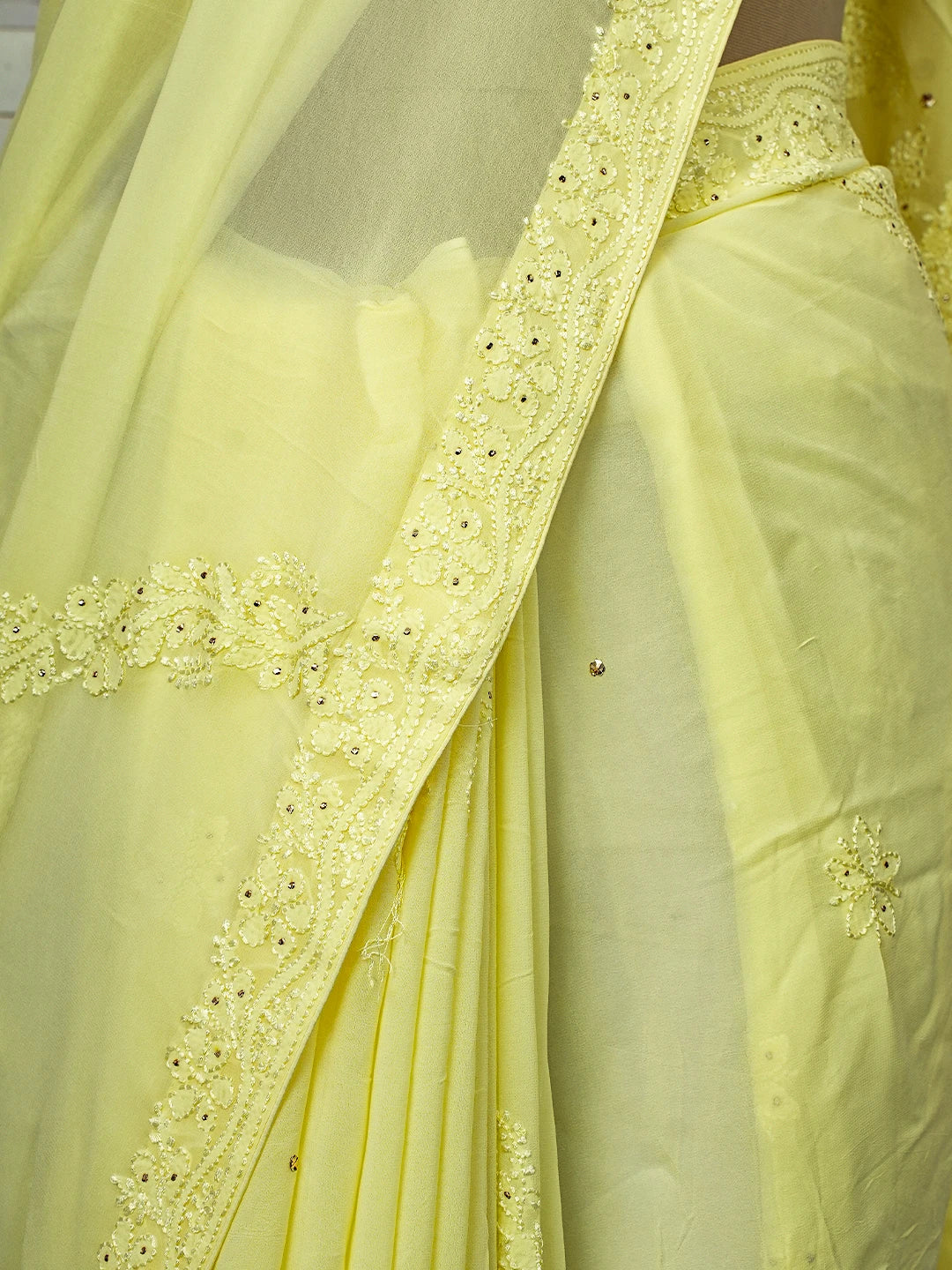 Ada Hand Embroidered Lemon Viscose Georgette Lucknowi Chikankari Saree and Blouse With Mukaish Work 01A745984