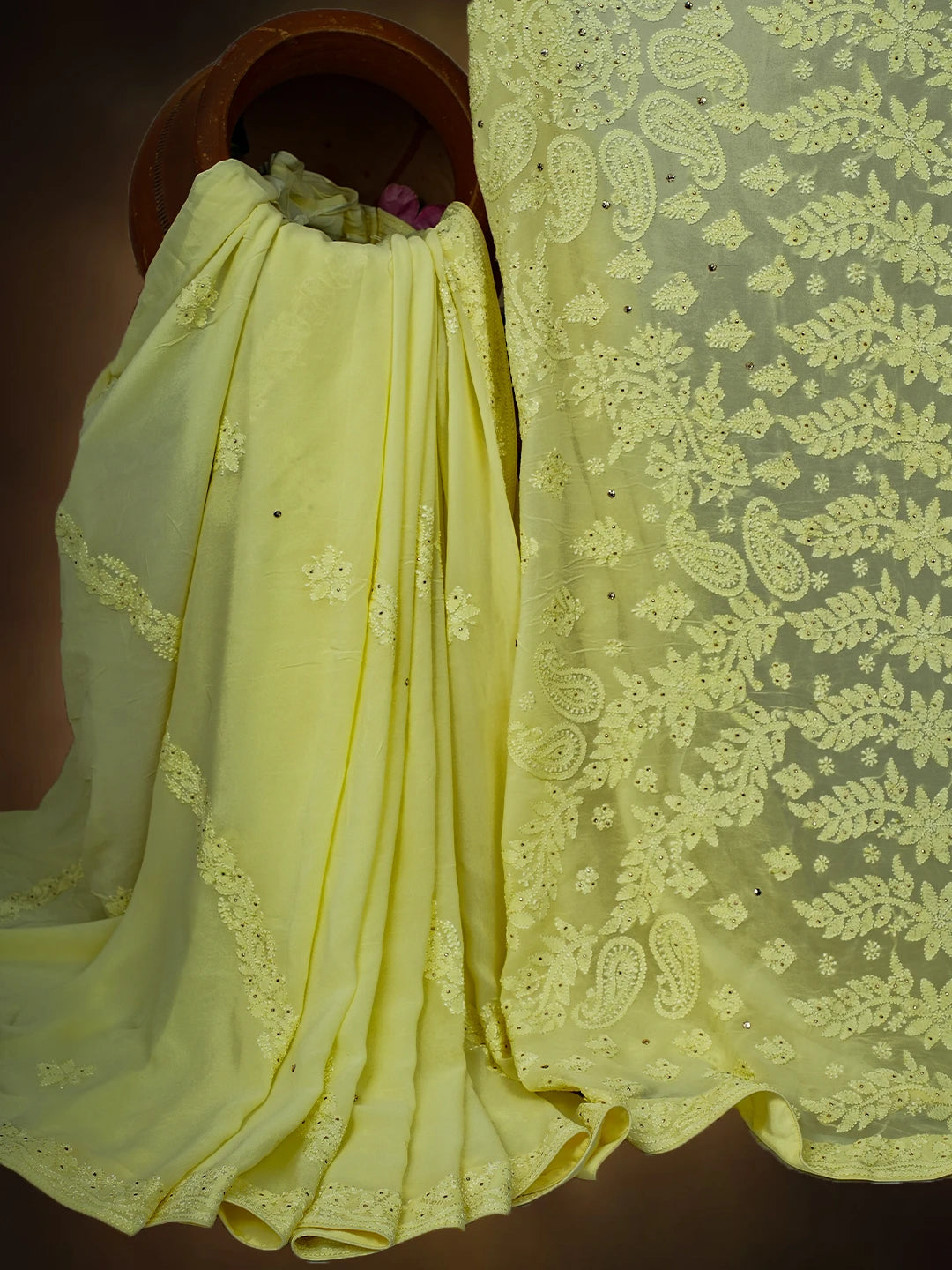 Ada Hand Embroidered Lemon Viscose Georgette Lucknowi Chikankari Saree and Blouse With Mukaish Work 01A745984